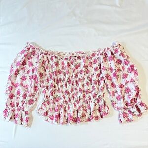 Iky & Me Smocked Puff Sleeve Blouse White Floral off the shoulder Size M